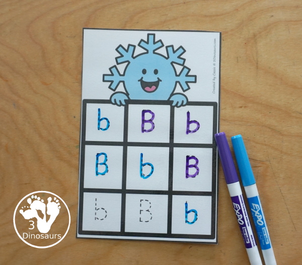 Free snowflake ABC Tracing Cards with a 3 by 3 tracing rows of uppercase and lowercase letters. A fun way to change handwriting for kids with all 26 letters of the alphabet. - 3Dinosaurs.com