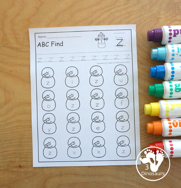 Snowman ABC Letter Find Printable - with all 26 letters of the alphabet with tracing the letters and finding the letters on the snowmen. Works great for a winter alphabet printable - 3Dinosaurs.com
