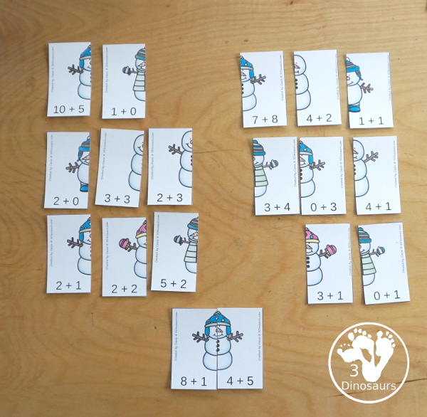 Free Snowman Addition Matching - a fun addition matching game adding numbers from 1 to 20 with two piece puzzles and matching number bond mat for kindergarten and first grade - 3Dinosaurs.com