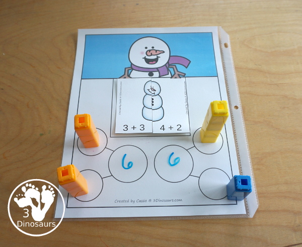 Free Snowman Addition Matching - a fun addition matching game adding numbers from 1 to 20 with two piece puzzles and matching number bond mat for kindergarten and first grade - 3Dinosaurs.com