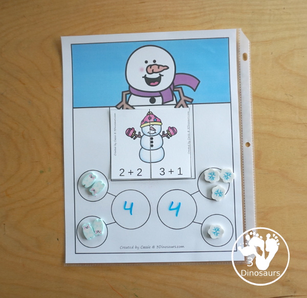 Free Snowman Addition Matching - a fun addition matching game adding numbers from 1 to 20 with two piece puzzles and matching number bond mat for kindergarten and first grade - 3Dinosaurs.com