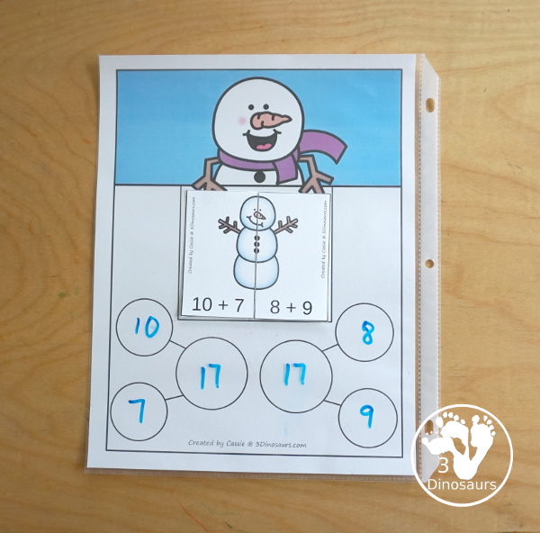 Free Snowman Addition Matching - a fun addition matching game adding numbers from 1 to 20 with two piece puzzles and matching number bond mat for kindergarten and first grade - 3Dinosaurs.com
