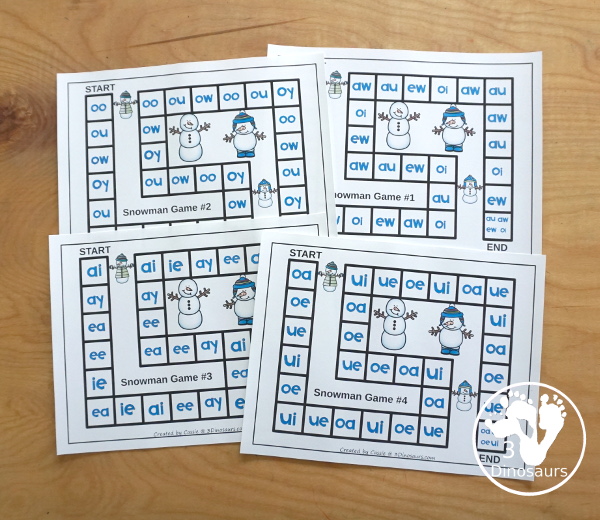 Snowman Diphthong and Vowel Team Games for kids. You can 4 games, with 4 or 5 vowel combinations in each game with snowman heads with vowels, snowballs with matching pictures fore the vowel teams or diphthongs and two matching worksheets for each game - 3Dinosaurs.com