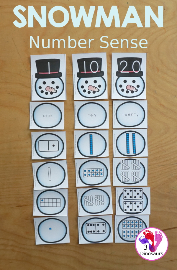 Free Snowman Number Sense from 1 to 20 with matching several different number types to the numerical number including tally marks, dominos, number word, ten frames, and tens and ones to build a snowman - 3Dinosaurs.com
