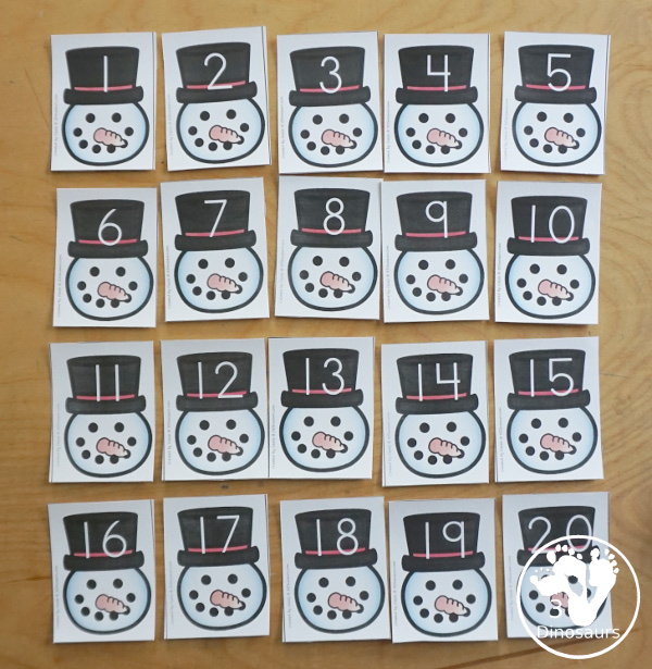 Snowman Number Sense Game from 1 to 20 with matching several different number types to the numerical number including tally marks, dominos, number word, ten frames, and tens and ones to build a snowman and fun game boards and worksheets to use with the games - 3Dinosaurs.com
