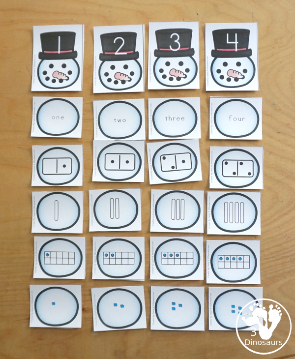 Free Snowman Number Sense from 1 to 20 with matching several different number types to the numerical number including tally marks, dominos, number word, ten frames, and tens and ones to build a snowman - 3Dinosaurs.com