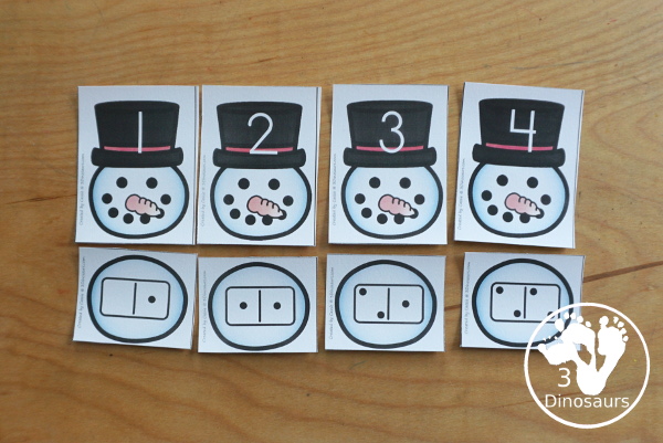 Free Snowman Number Sense from 1 to 20 with matching several different number types to the numerical number including tally marks, dominos, number word, ten frames, and tens and ones to build a snowman - 3Dinosaurs.com