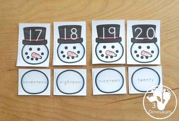 Free Snowman Number Sense from 1 to 20 with matching several different number types to the numerical number including tally marks, dominos, number word, ten frames, and tens and ones to build a snowman - 3Dinosaurs.com