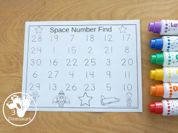 Free Space Number Find And Tracing Printables - you have numbers 1 to 30 for kids to trace or find with a fun space theme - 3Dinosaurs.com