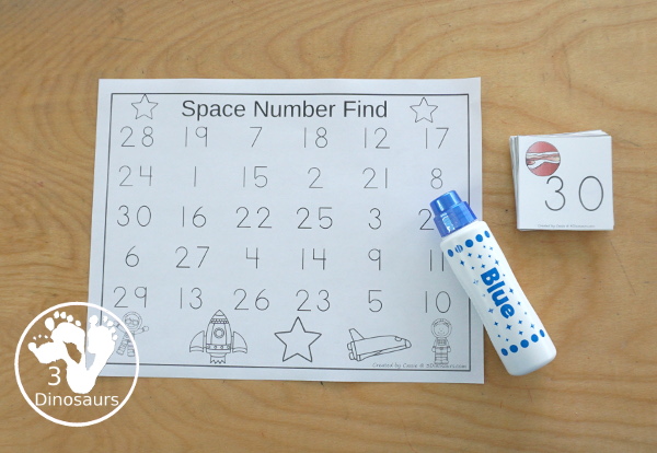 Free Space Number Find And Tracing Printables - you have numbers 1 to 30 for kids to trace or find with a fun space theme - 3Dinosaurs.com