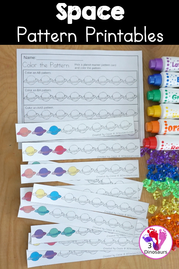 Free Planet Pattern Printable - a great way to work on patterns for a fun space theme with AB and ABC patterns for kids to use with pattern worksheets, pattern grids, continue the pattern for kindergarten and PreK pattern math. - 3Dinosaurs.com