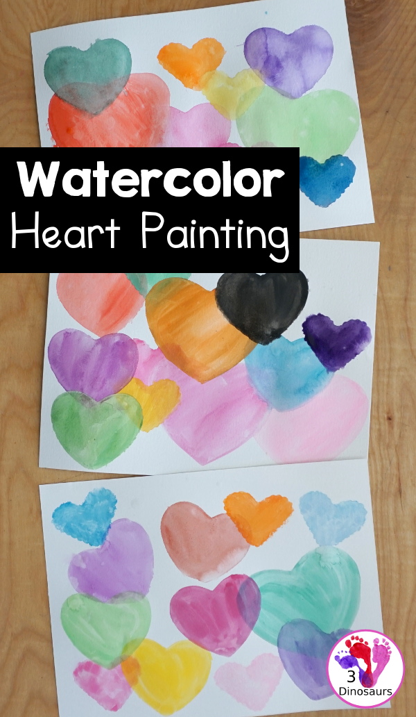 Watercolor Hearts Painting For Kids - a fun painting activity using watercolor and cookie cutters to make a really fun painting for Valentines - 3Dinosaurs.com