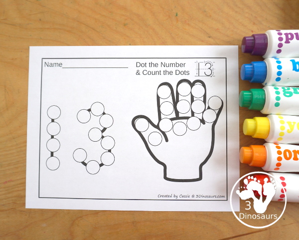 Hand Dot the Number & Counting:  - Numbers 1 to 20. You have a color version and a black-and-white version to use with kids. - 3Dinosaurs.com