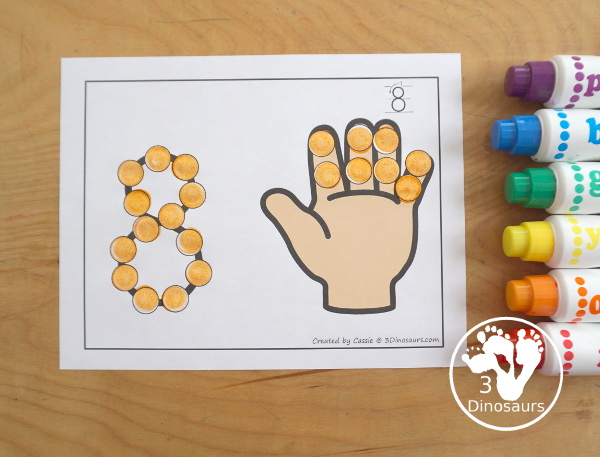 Hand Dot the Number & Counting:  - Numbers 1 to 20. You have a color version and a black-and-white version to use with kids. - 3Dinosaurs.com