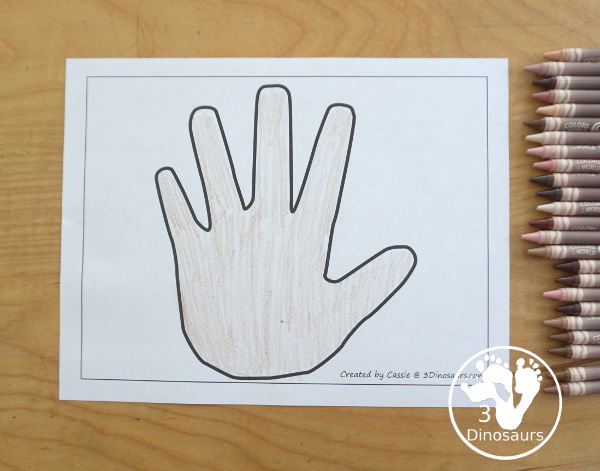 Free Hand Fine Motor Mat Printables has four fine motor mats to use. You have a hand template printables, hand tracing printable, hand cotton swab printable and a hand dot marker printable. 5 free hand printables to use with kids in PreK and kindergarten - 3Dinosaurs.com