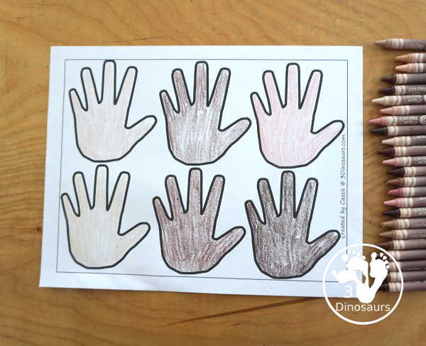 Free Hand Fine Motor Mat Printables has four fine motor mats to use. You have a hand template printables, hand tracing printable, hand cotton swab printable and a hand dot marker printable. 5 free hand printables to use with kids in PreK and kindergarten - 3Dinosaurs.com