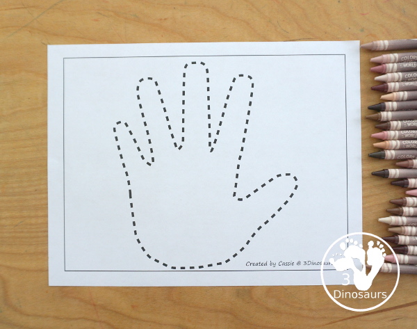 Free Hand Fine Motor Mat Printables has four fine motor mats to use. You have a hand template printables, hand tracing printable, hand cotton swab printable and a hand dot marker printable. 5 free hand printables to use with kids in PreK and kindergarten - 3Dinosaurs.com