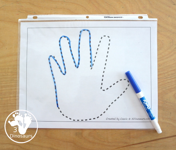 Free Hand Fine Motor Mat Printables has four fine motor mats to use. You have a hand template printables, hand tracing printable, hand cotton swab printable and a hand dot marker printable. 5 free hand printables to use with kids in PreK and kindergarten - 3Dinosaurs.com