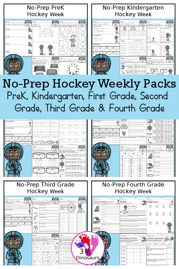 No-Prep Hockey Weekly Packs PreK, Kindergarten, First Grade, Second Grade, Third Grade & Fourth Grade with 5 days of activities to do for each grade level With loads of different hockey themes - You will find a mix of math, language, and more - These are easy to use packs for winter learning, and morning work. Easy no-prep printables for kids with four pages for each day - 3Dinosaurs.com