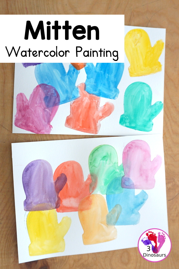 Mitten Watercolor Painting With Cookie Cutters - A simple painting you can do with kids of different ages by painting inside a cookie cutter to make a fun mitten painting - 3Dinosaurs.com