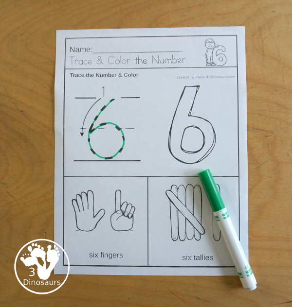 Number Trace and Color with Tally Marks and Finger Counting - Numbers1 to 20 with four ways to work on each number - 3Dinosaurs.com