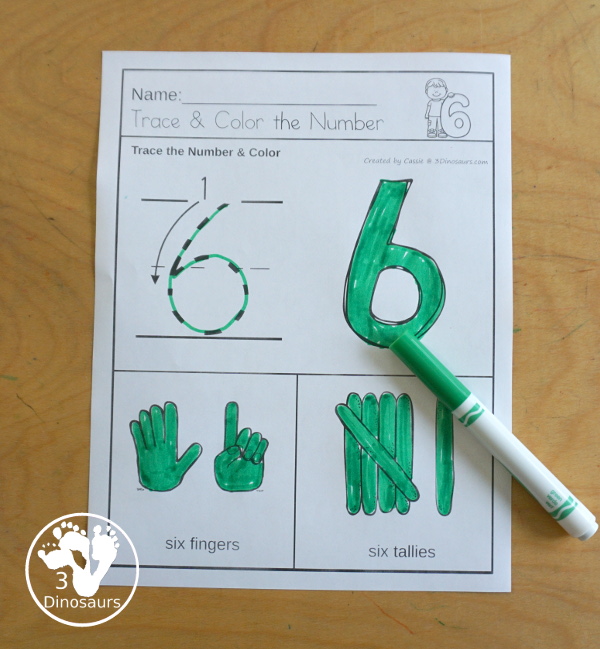 Number Trace and Color with Tally Marks and Finger Counting - Numbers1 to 20 with four ways to work on each number - 3Dinosaurs.com