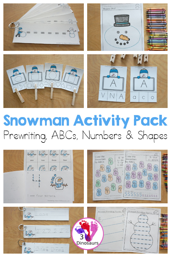 Snowman Activities Pack with Prewriting, Shapes, ABCs, and Numbers - 191 pages of activities with no-prep pages, clip cards, and tracing strips to help with learning skills. A great addition to any Snowman activity or theme. - 3Dinosaurs.com