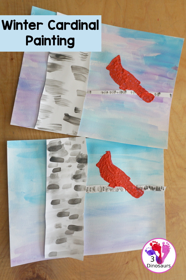 Winter Cardinal Painting for Kids is a great winter painting with watercolors, and a cardinal cookie cutter to make a great winter painting. - 3Dinosaurs.com