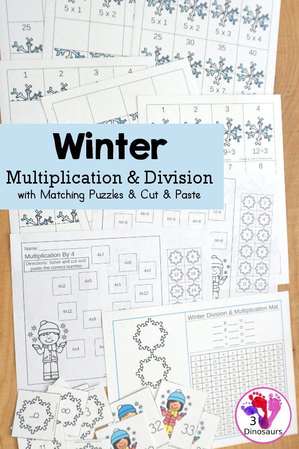Winter Multiplication & Division Cut & Paste and Matching with cut and paste worksheets for division and multiplication with numbers 1 to 12 and match puzzles and matching mats for division and multiplication. It has a great winter snowflake theme for the printables - 3Dinosaurs.com