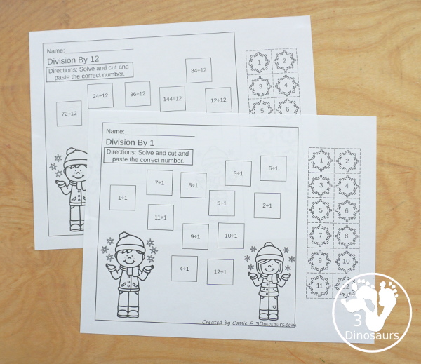 Winter Multiplication & Division Cut & Paste and Matching with cut and paste worksheets for division and multiplication with numbers 1 to 12 and match puzzles and matching mats for division and multiplication. It has a great winter snowflake theme for the printables - 3Dinosaurs.com