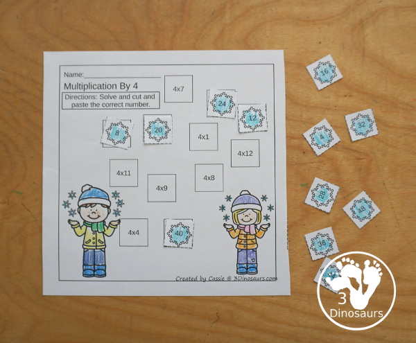 Winter Multiplication & Division Cut & Paste and Matching with cut and paste worksheets for division and multiplication with numbers 1 to 12 and match puzzles and matching mats for division and multiplication. It has a great winter snowflake theme for the printables - 3Dinosaurs.com