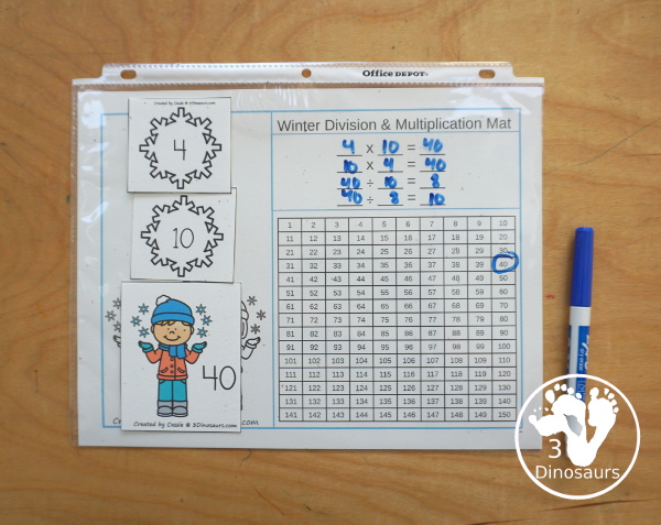 Winter Multiplication & Division Cut & Paste and Matching with cut and paste worksheets for division and multiplication with numbers 1 to 12 and match puzzles and matching mats for division and multiplication. It has a great winter snowflake theme for the printables - 3Dinosaurs.com
