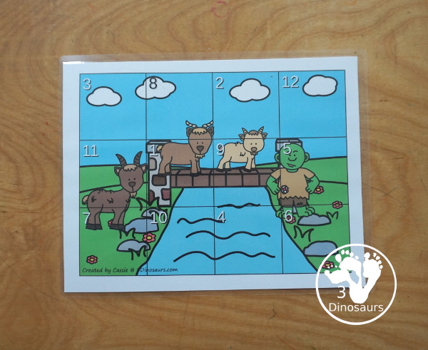 Free Three Billy Goats Gruff Themed Addition Puzzle - with addition from 1 to 12 with a hands-on matching puzzles with the Billy Goats, the bridge and the troll. - 3Dinosaurs.com