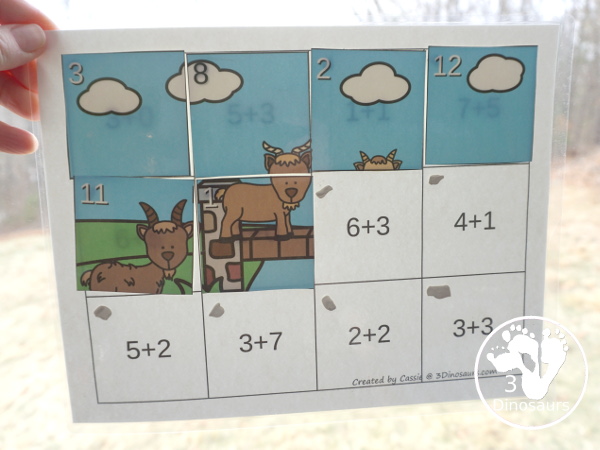 Free Three Billy Goats Gruff Themed Addition Puzzle - with addition from 1 to 12 with a hands-on matching puzzles with the Billy Goats, the bridge and the troll. - 3Dinosaurs.com
