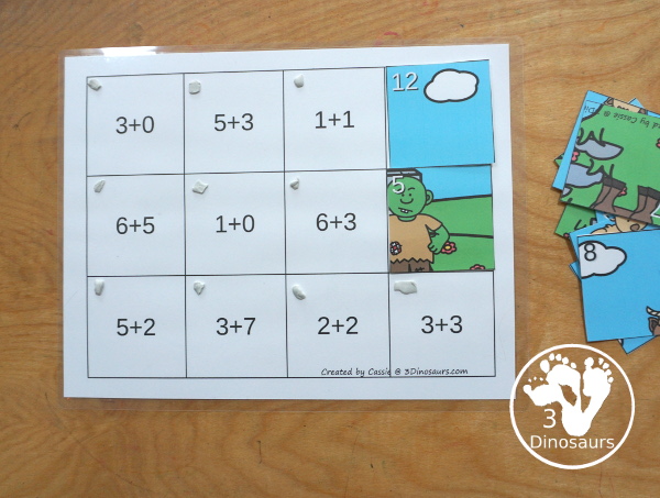 Free Three Billy Goats Gruff Themed Addition Puzzle - with addition from 1 to 12 with a hands-on matching puzzles with the Billy Goats, the bridge and the troll. - 3Dinosaurs.com