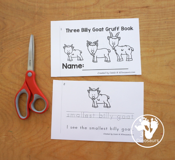 Free Three Billy Goats Easy Reader Book with Tracing has a fun 6 page book with different words from the story for kids to trace the word and then read the sentence for the word. A super simple, easy reader book for kids. - 3Dinosaurs.com