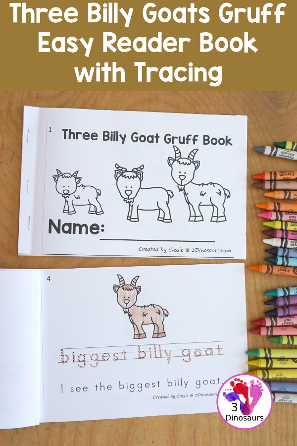 Free Three Billy Goats Easy Reader Book with Tracing has a fun 6 page book with different words from the story for kids to trace the word and then read the sentence for the word. A super simple, easy reader book for kids. - 3Dinosaurs.com