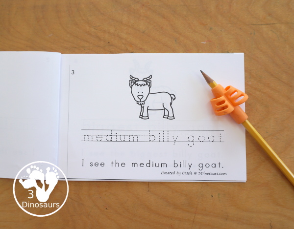 Free Three Billy Goats Easy Reader Book with Tracing has a fun 6 page book with different words from the story for kids to trace the word and then read the sentence for the word. A super simple, easy reader book for kids. - 3Dinosaurs.com