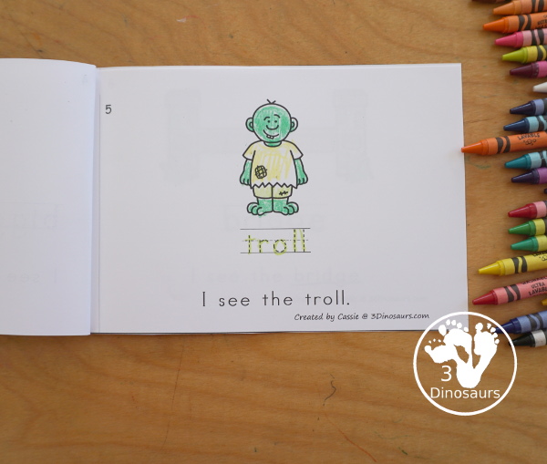 Free Three Billy Goats Easy Reader Book with Tracing has a fun 6 page book with different words from the story for kids to trace the word and then read the sentence for the word. A super simple, easy reader book for kids. - 3Dinosaurs.com