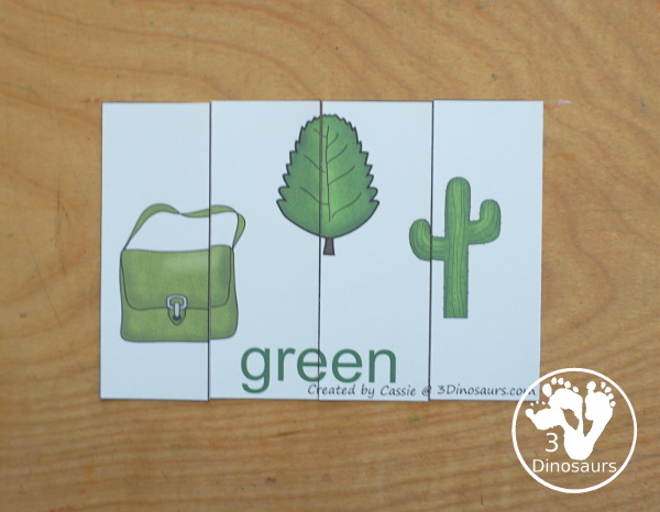 Free Color Four Piece Puzzle Printables - with three pictures of each color on each puzzle and the color word. A great matching activity for color that is great for prek and kindergarten. - 3Dinosaurs.com