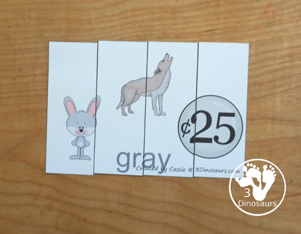 Free Color Four Piece Puzzle Printables - with three pictures of each color on each puzzle and the color word. A great matching activity for colors that is great for prek and kindergarten. - 3Dinosaurs.com