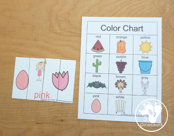 Free Color Four Piece Puzzle Printables - with three pictures of each color on each puzzle and the color word. A great matching activity for colors that is great for prek and kindergarten. - 3Dinosaurs.com