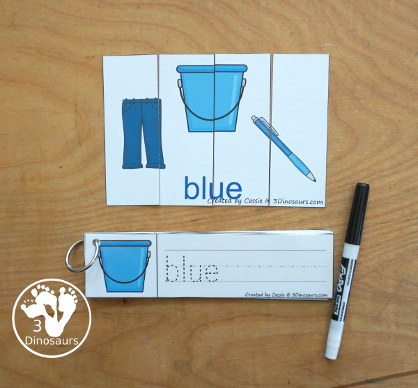 Free Color Four Piece Puzzle Printables - with three pictures of each color on each puzzle and the color word. A great matching activity for colors that is great for prek and kindergarten. - 3Dinosaurs.com