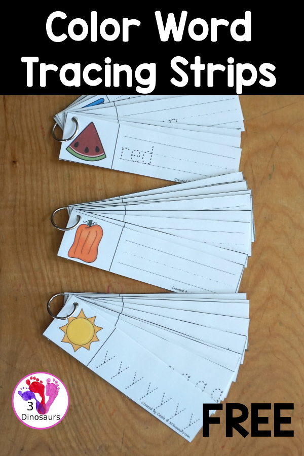 Free Color Word Tracing Strip Printables - tracing strips with the color word, color word beginning sound, and writing the color word. You have 11 color words for kids to learn. - 3Dinosaurs.com