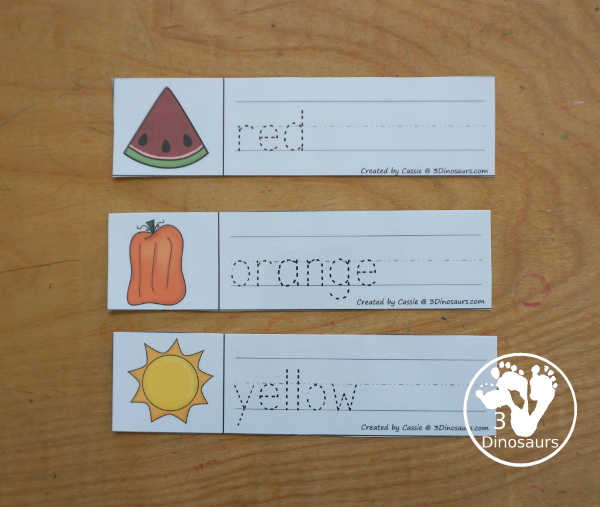 Free Color  Word Tracing Strip Printables - tracing strips with the color word, color word beginning sound, and writing the color word. You have 11 color words for kids to learn. - 3Dinosaurs.com