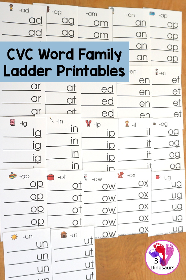 Free CVC Word Family Ladder Printables - 22 CVC word ladders for kids to build CVC words.  A great hands-on word building activity for CVC word family words. Kids can build 5 words with the same ending. - 3Dinosaurs.com