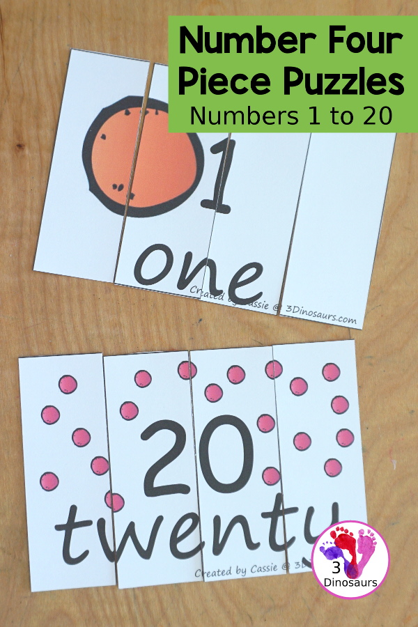 Free Number Four Piece Puzzle Printables - with gumballs pictures to match the number and number word on each puzzle. A great matching activity for numbers that is great for prek and kindergarten. - 3Dinosaurs.com