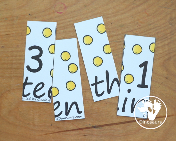 Free Number Four Piece Puzzle Printables - with gumballs pictures to match the number and number word on each puzzle. A great matching activity for numbers that is great for prek and kindergarten. - 3Dinosaurs.com