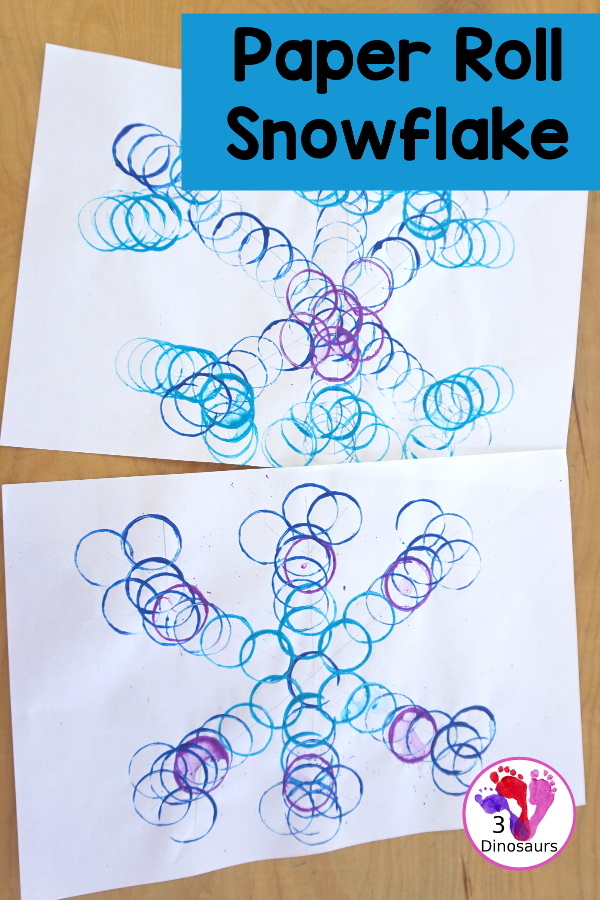 Paper Roll Painted Snowflake - a fun snowflake painting with blue and purple colors and using paper rolls to make the snowflakes. A simple and easy PreK and kindergarten craft for winter. - 3Dinosaurs.com