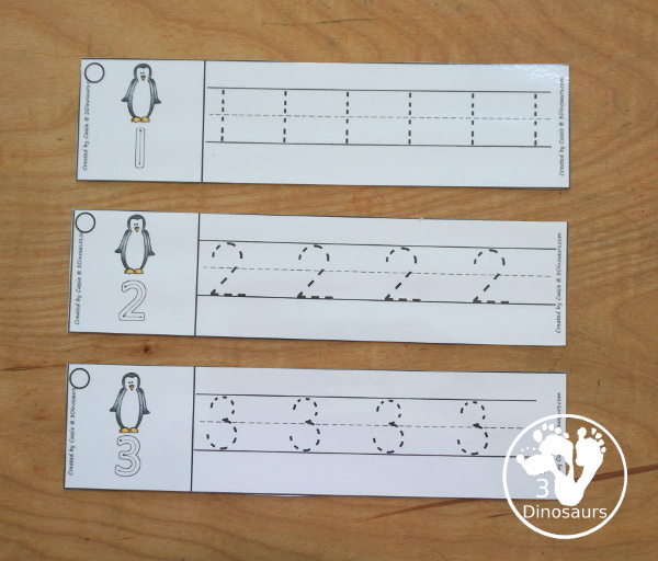 Free Penguin Number Tracing Strips - with numbers 0 to 20. You can tracing the numbers and an example of how to trace the numbers on the strips, plus a penguin on each tracing strip. - 3Dinosaurs.com